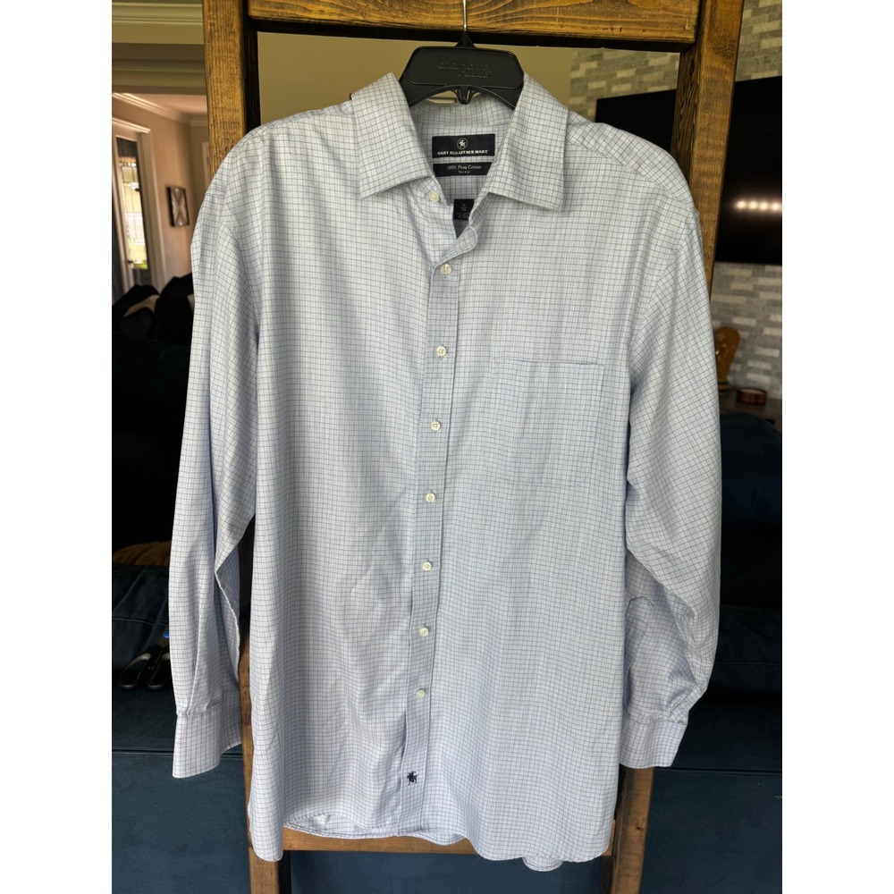 Hart Schaffner Marx Dress Shirt Mens 17 34 Blue Check 100% Pima Cotton Non-Iron